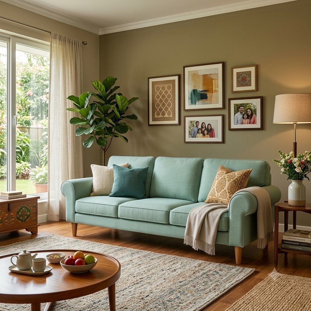 The Wooden Shoppee Mint Green 3 Seater Sofa | Modern Fabric Sofa for Living Room & Home view 2