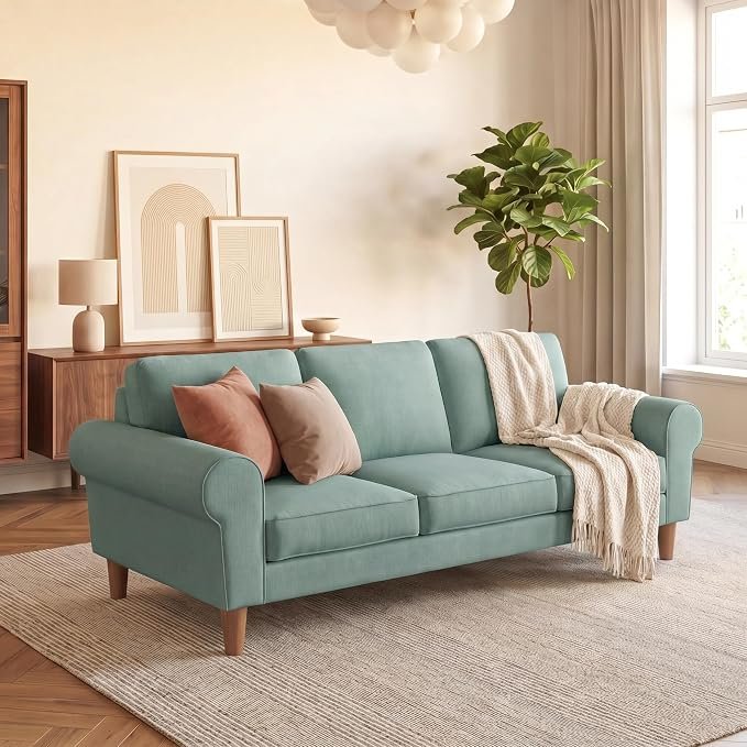The Wooden Shoppee Mint Green 3 Seater Sofa | Modern Fabric Sofa for Living Room & Home view 3