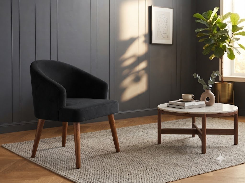 The Wooden Shoppee Black Fabric Chair | Modern Comfortable Accent Chair for Living Room, Bedroom & Home | Stylish Upholstered Chair view 2