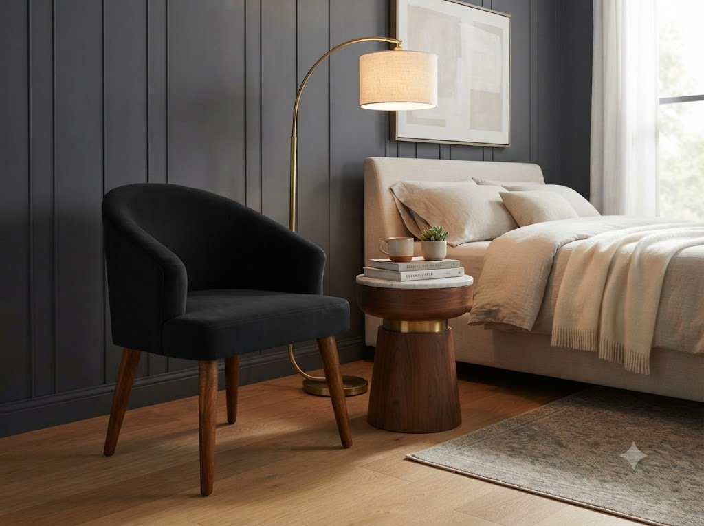 The Wooden Shoppee Black Fabric Chair | Modern Comfortable Accent Chair for Living Room, Bedroom & Home | Stylish Upholstered Chair view 3