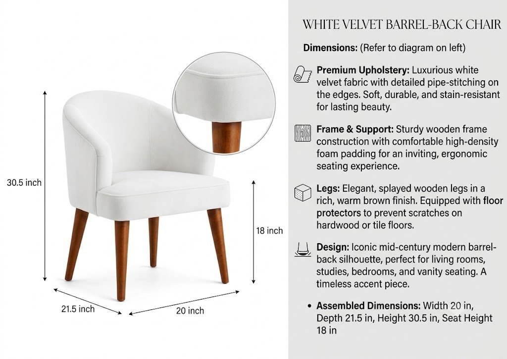 The Wooden Shoppee White Fabric Accent Chair | Upholstered Living Room Chair | Modern Comfortable Lounge Chair for Bedroom, Home & Office view 8