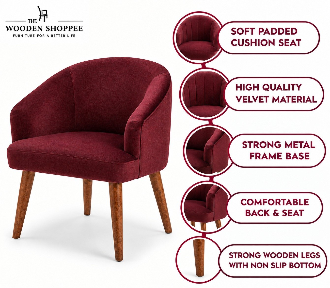 THE WOODEN SHOPPEE Maroon Wooden Accent Chair for Living Room, Bedroom & Office, Upholstered Armchair, Modern Lounge Chair, Stylish Single Seater Chair for Home Décor view 7