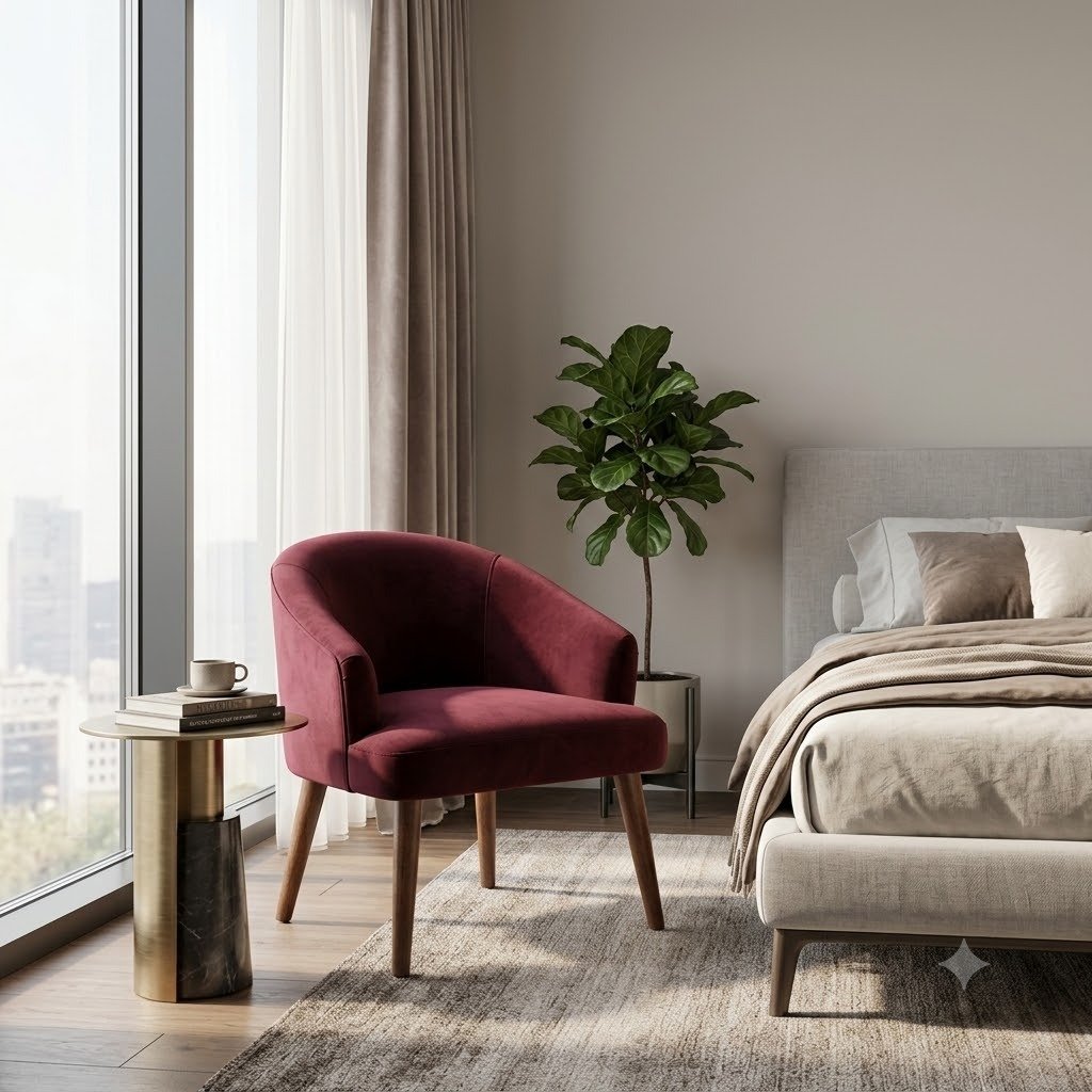 THE WOODEN SHOPPEE Maroon Wooden Accent Chair for Living Room, Bedroom & Office, Upholstered Armchair, Modern Lounge Chair, Stylish Single Seater Chair for Home Décor view 8