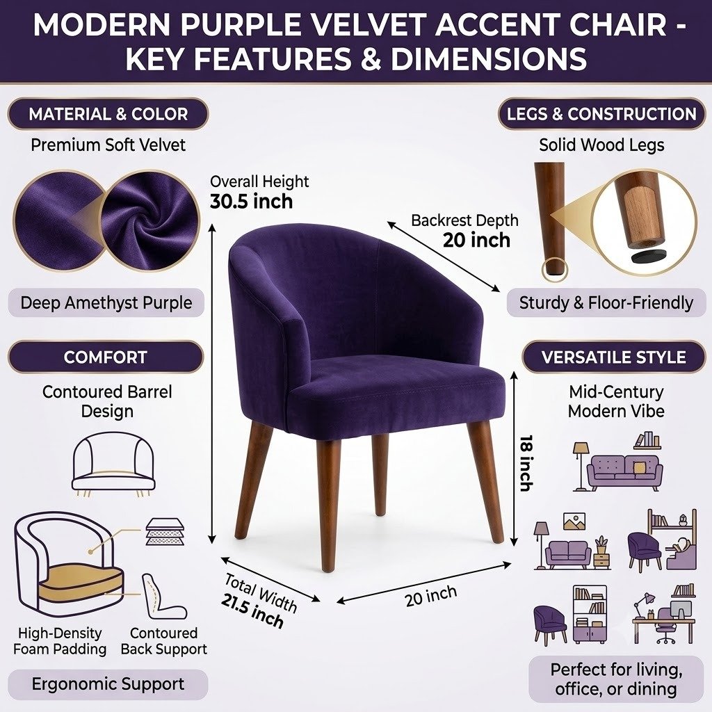 The Wooden Shoppee Purple Fabric Chair for Bedroom, Living Room, Study Room & Makeup Room | Modern Upholstered Accent Chair with Comfortable Seating view 5