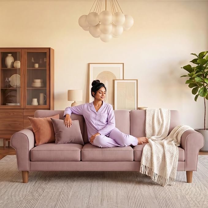The Wooden Shoppee 3 Seater Sofa in Flamingo Pink | Modern Fabric Sofa for Living Room | Stylish Comfortable Couch for Home, Lounge & Apartment view 5