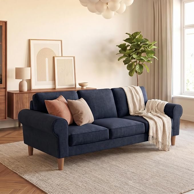 The Wooden Shoppee Deep Blue 3 Seater Sofa | Modern Fabric Sofa for Living Room | Comfortable Upholstered Couch | Stylish Home & Office Seating | 145W × 85D × 85H cm