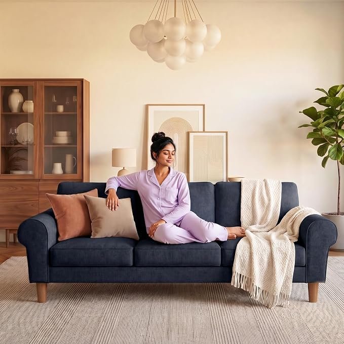 The Wooden Shoppee Deep Blue 3 Seater Sofa | Modern Fabric Sofa for Living Room | Comfortable Upholstered Couch | Stylish Home & Office Seating | 145W × 85D × 85H cm view 4