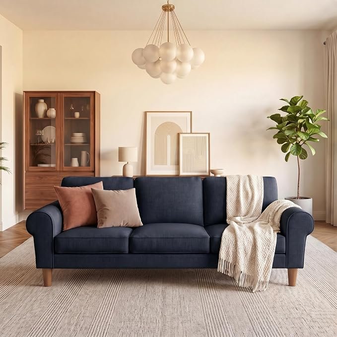 The Wooden Shoppee Deep Blue 3 Seater Sofa | Modern Fabric Sofa for Living Room | Comfortable Upholstered Couch | Stylish Home & Office Seating | 145W × 85D × 85H cm view 6