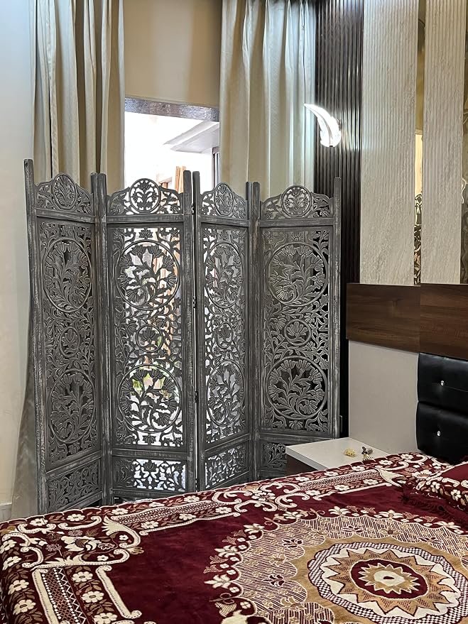 THE WOODEN SHOPPEE 6 Feet 2 Panel Dark Grey Room Divider | Wooden Room Partition Screen for Living Room, Bedroom & Office | Foldable Privacy Screen | Mango Wood & MDF | 2W × 1.82H M