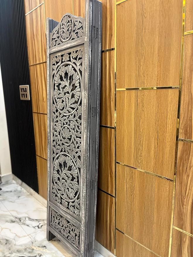THE WOODEN SHOPPEE 6 Feet 2 Panel Dark Grey Room Divider | Wooden Room Partition Screen for Living Room, Bedroom & Office | Foldable Privacy Screen | Mango Wood & MDF | 2W × 1.82H M view 2