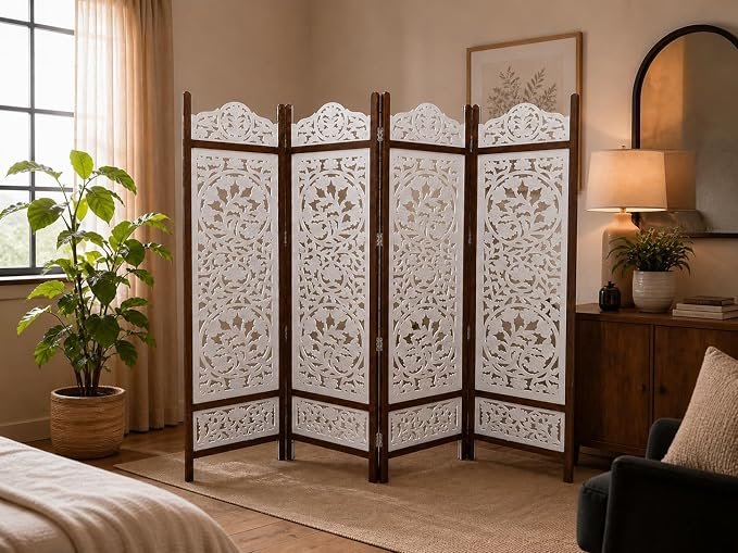 THE WOODEN SHOPPEE White Wooden Room Divider Screen | 6 Feet Tall 4-Panel Partition Screen | Handcrafted Mangowood & MDF Room Divider for Living Room, Bedroom & Home Decor