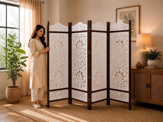 THE WOODEN SHOPPEE White Wooden Room Divider Screen | 6 Feet Tall 4-Panel Partition Screen | Handcrafted Mangowood & MDF Room Divider for Living Room, Bedroom & Home Decor view 2