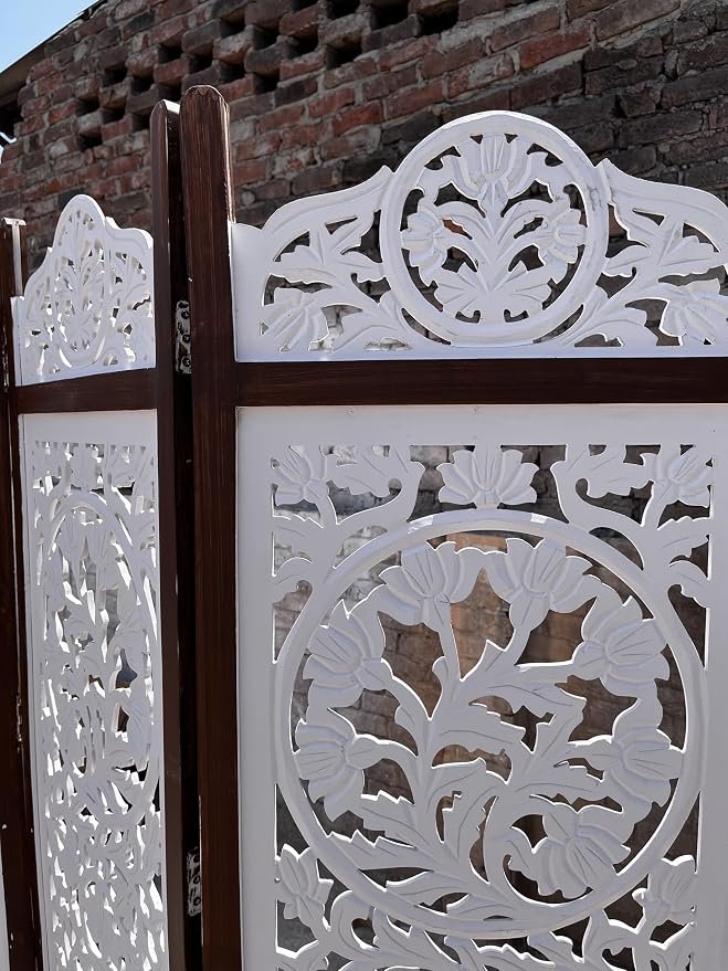 THE WOODEN SHOPPEE White Wooden Room Divider Screen | 6 Feet Tall 4-Panel Partition Screen | Handcrafted Mangowood & MDF Room Divider for Living Room, Bedroom & Home Decor view 4