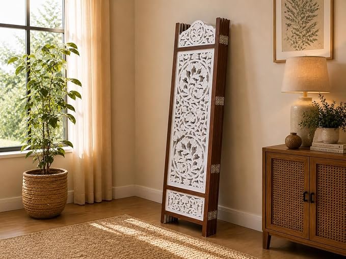 THE WOODEN SHOPPEE White Wooden Room Divider Screen | 6 Feet Tall 4-Panel Partition Screen | Handcrafted Mangowood & MDF Room Divider for Living Room, Bedroom & Home Decor view 6