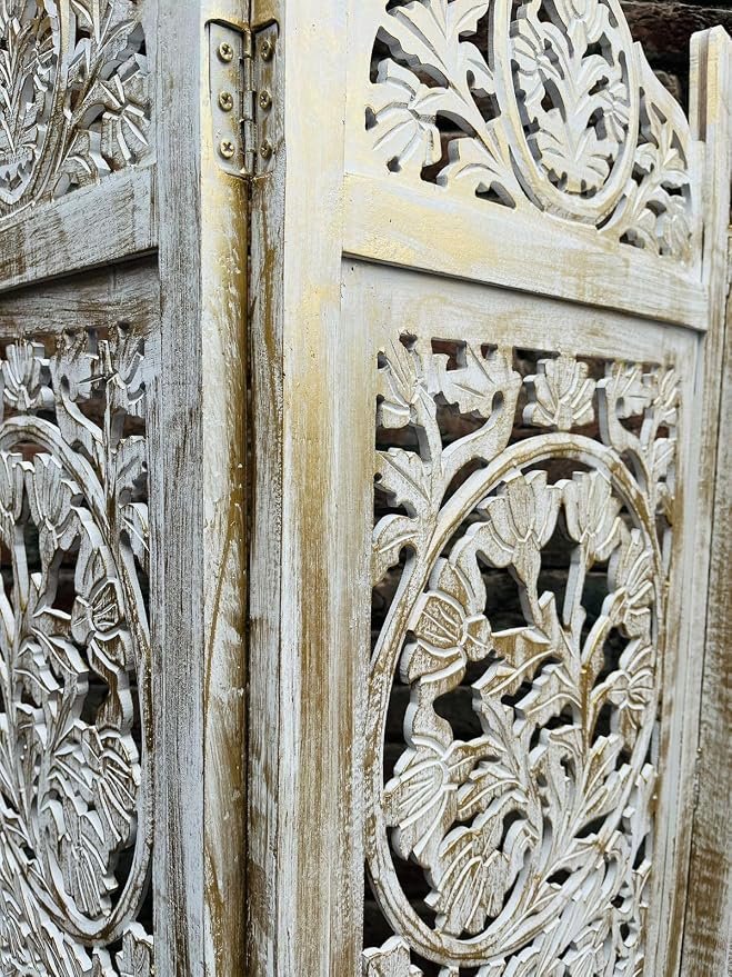 THE WOODEN SHOPPEE 6 Feet White Wash Room Divider Screen – Handcrafted Mangowood & MDF Partition Screen, 4-Panel Decorative Foldable Privacy Screen for Living Room, Home Office & Interior Decor view 2