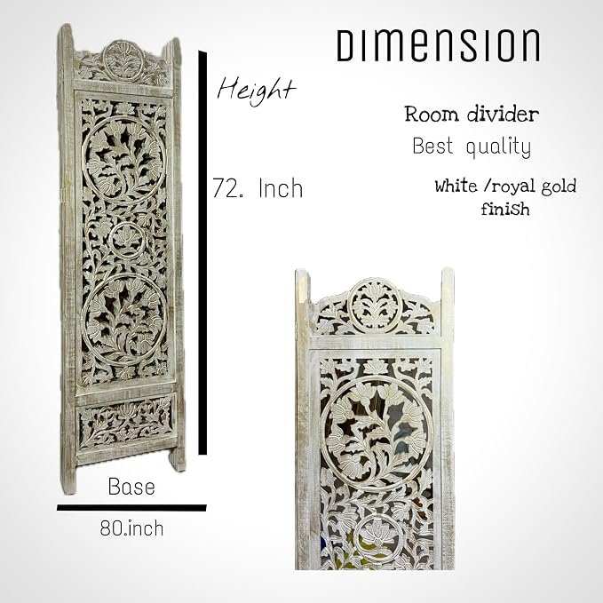 THE WOODEN SHOPPEE 6 Feet White Wash Room Divider Screen – Handcrafted Mangowood & MDF Partition Screen, 4-Panel Decorative Foldable Privacy Screen for Living Room, Home Office & Interior Decor view 4