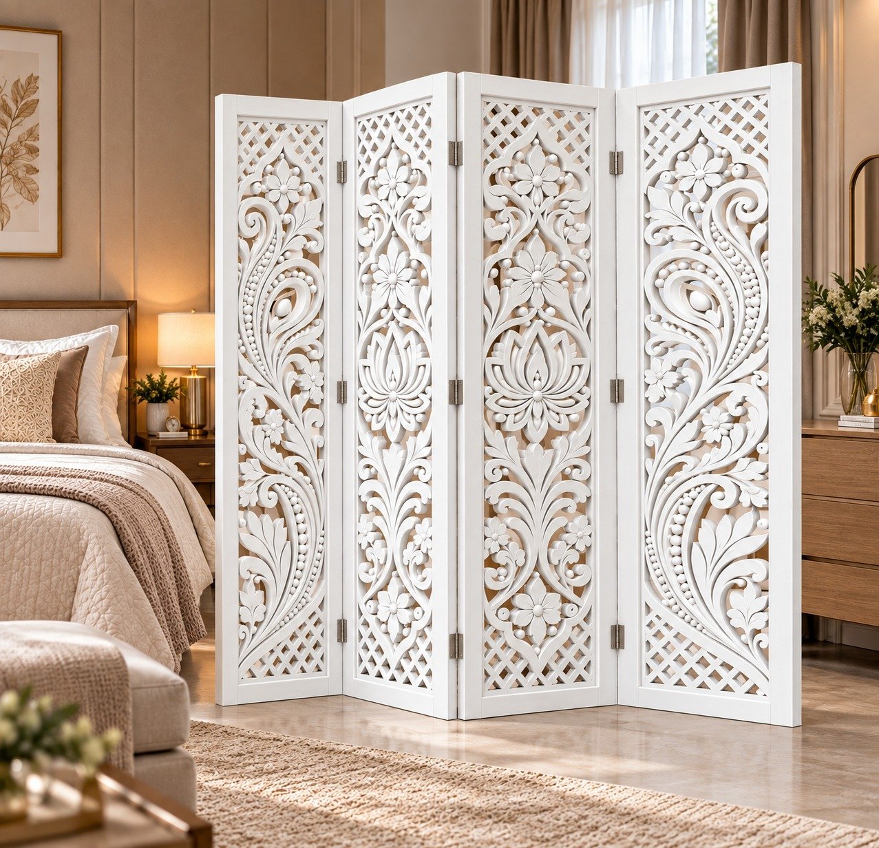 Wooden Room Partition and Folding Privacy Screens for Bedroom Home Office Room Divider Room Partition (6 Feet 4 Panel Each Panel Size 72X20 Inch Lotus Feather )