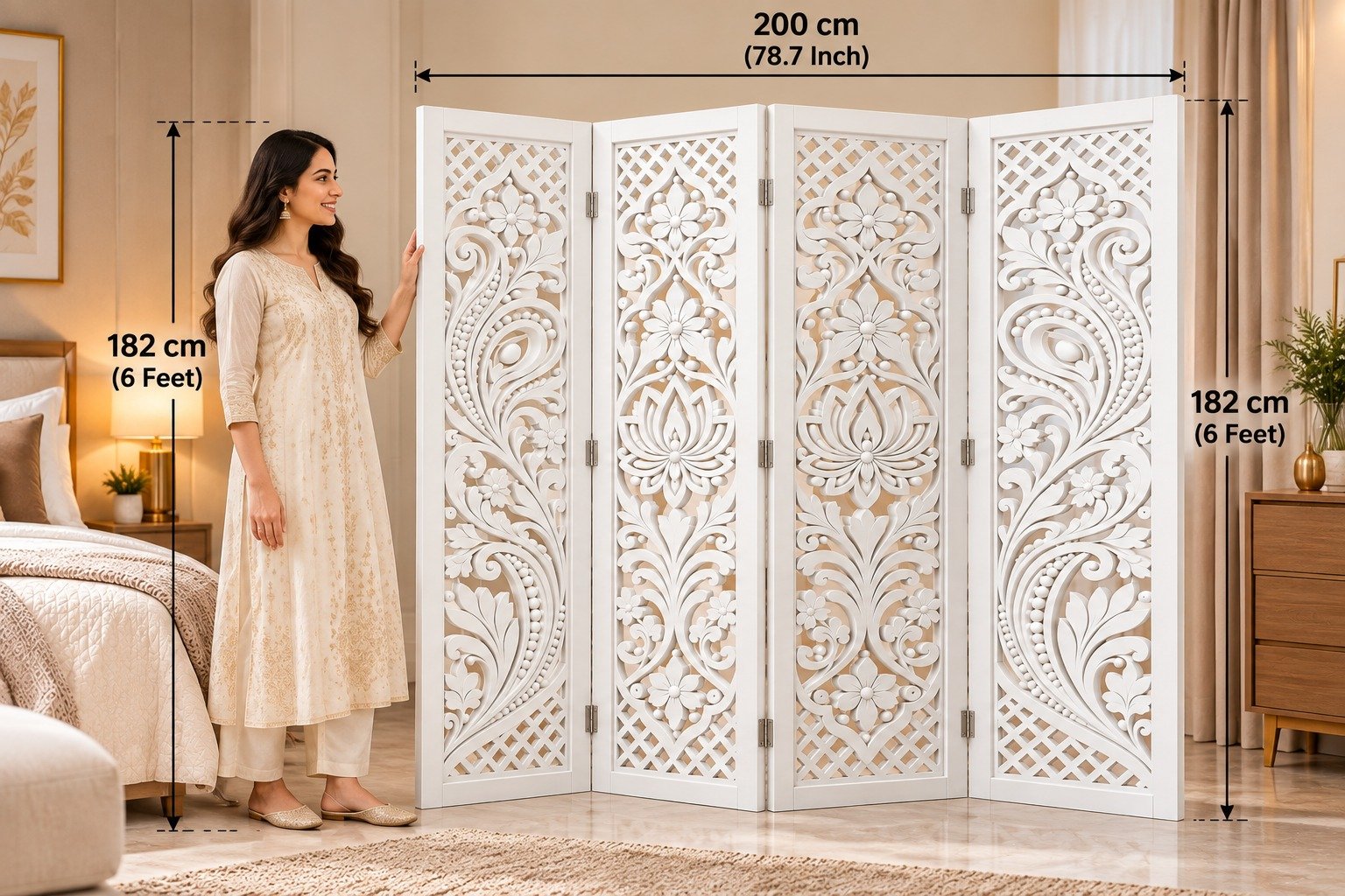 Wooden Room Partition and Folding Privacy Screens for Bedroom Home Office Room Divider Room Partition (6 Feet 4 Panel Each Panel Size 72X20 Inch Lotus Feather ) view 3