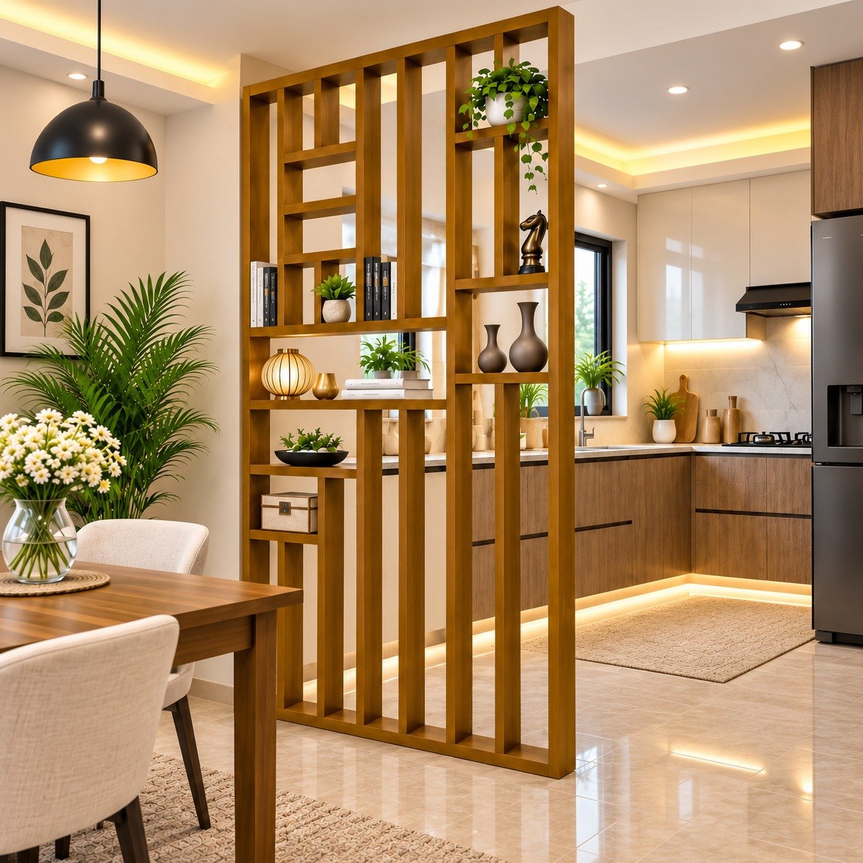 Wooden Room Divider Partition for Living Room and Office Display Rack Between Room and Kitchen (Teak Wood Color, 6 x 4ft)