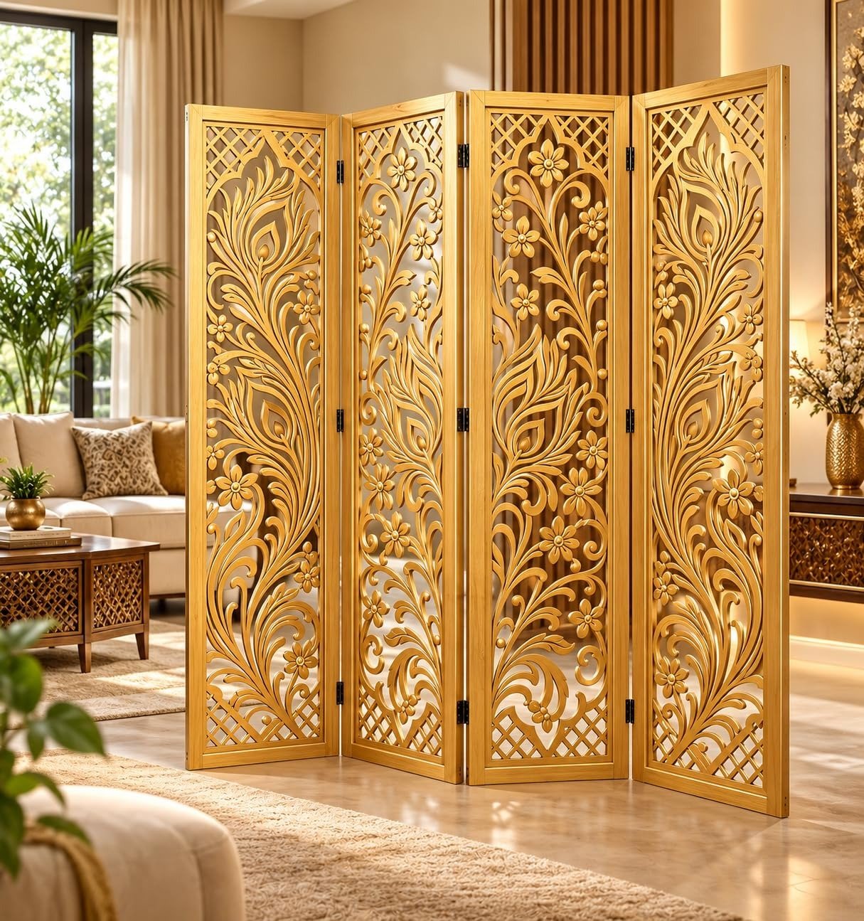 Handcrafted Wooden Room Divider Feather Design Foldable Privacy Screen, Carved Decorative Partition for Living Room, Bedroom, Office, Home Décor, Brown Finish, (72 x 80 Inch )