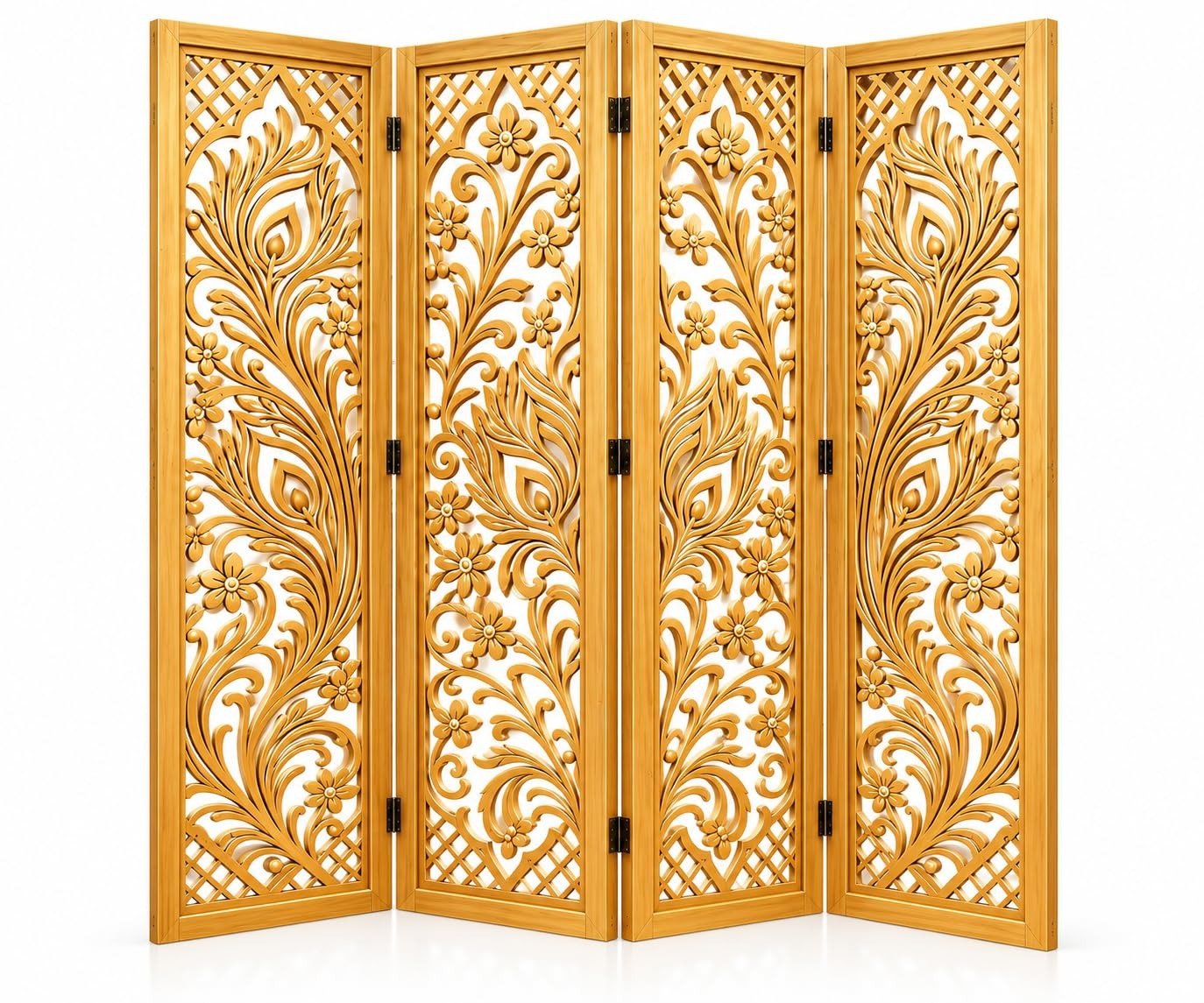 Handcrafted Wooden Room Divider Feather Design Foldable Privacy Screen, Carved Decorative Partition for Living Room, Bedroom, Office, Home Décor, Brown Finish, (72 x 80 Inch ) view 2