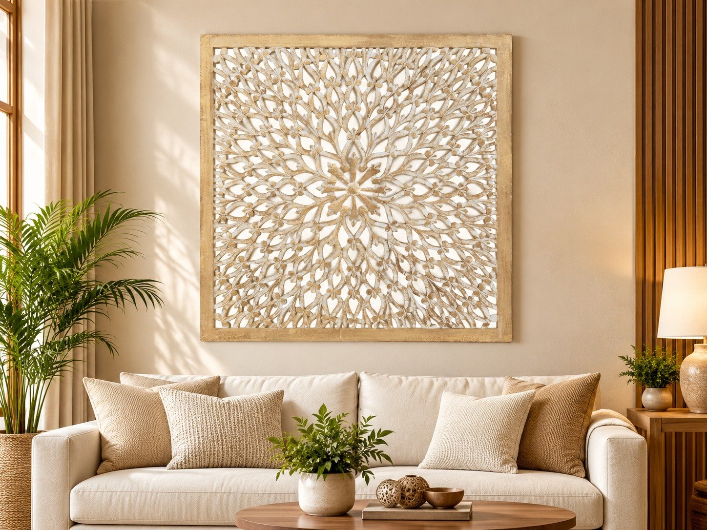 Fina Light Brown Wood Floral Handmade Intricately Carved Home Wall Decor with Mandala Design view 2