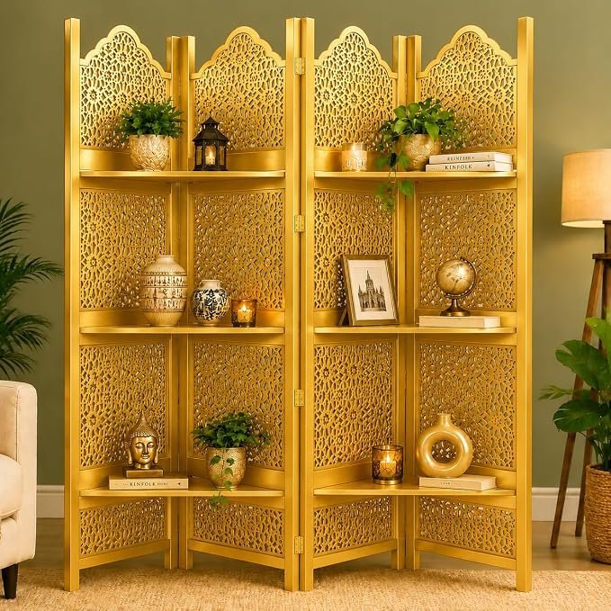 Wooden Room Partition Screens for Bedroom Living Room Privacy Divider Folding Panels (6 Feet 4 Panel with 3 shelve Now Big Jali Design Each Panel Size 72X20 Inch Golden) view 2