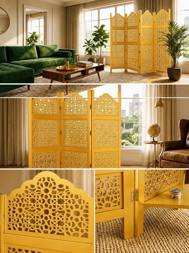 Wooden Room Partition Screens for Bedroom Living Room Privacy Divider Folding Panels (6 Feet 4 Panel with 3 shelve Now Big Jali Design Each Panel Size 72X20 Inch Golden) view 3
