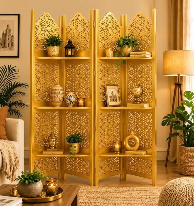 Wooden Room Partition Screens for Bedroom Living Room Privacy Divider Folding Panels (6 Feet 4 Panel with 3 shelve Now Big Jali Design Each Panel Size 72X20 Inch Golden) view 4