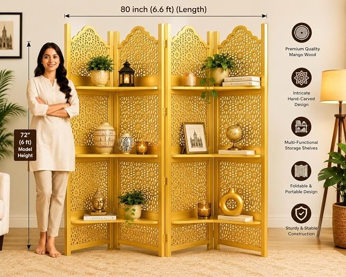 Wooden Room Partition Screens for Bedroom Living Room Privacy Divider Folding Panels (6 Feet 4 Panel with 3 shelve Now Big Jali Design Each Panel Size 72X20 Inch Golden) view 5