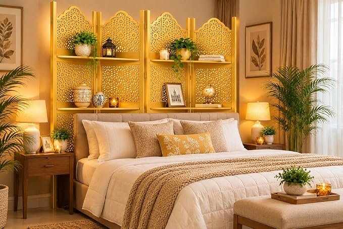 Wooden Room Partition Screens for Bedroom Living Room Privacy Divider Folding Panels (6 Feet 4 Panel with 3 shelve Now Big Jali Design Each Panel Size 72X20 Inch Golden) view 6