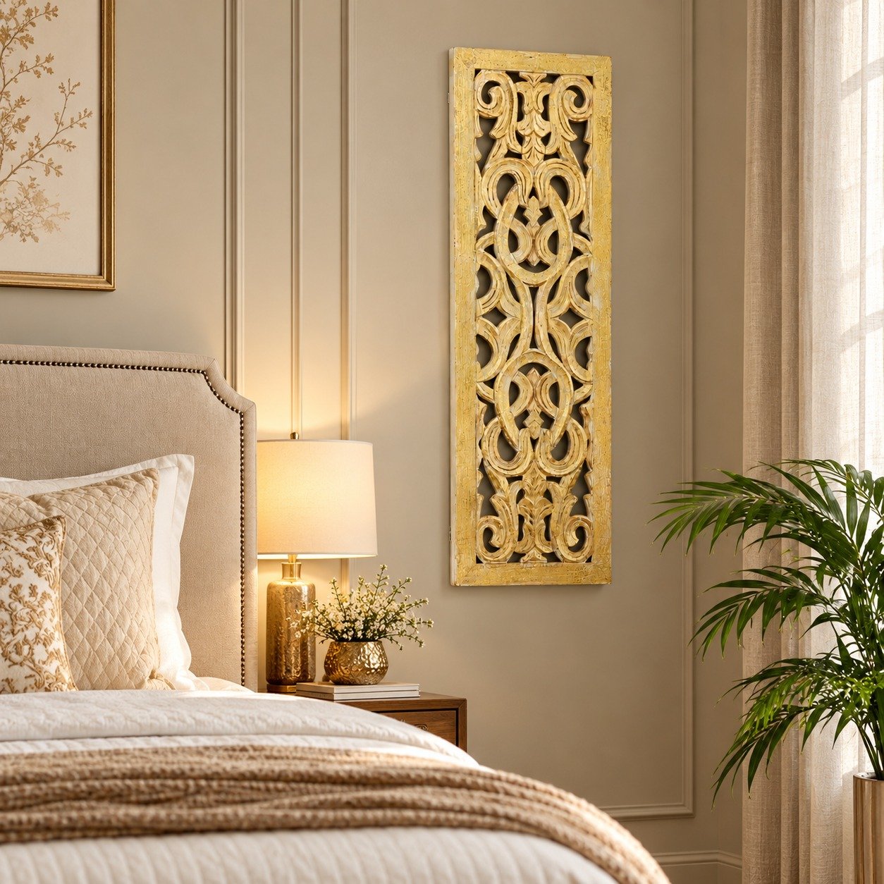 Wooden Handmade Intricately Carved Arabesque Scroll Gold Wall Decor with Cream Backing