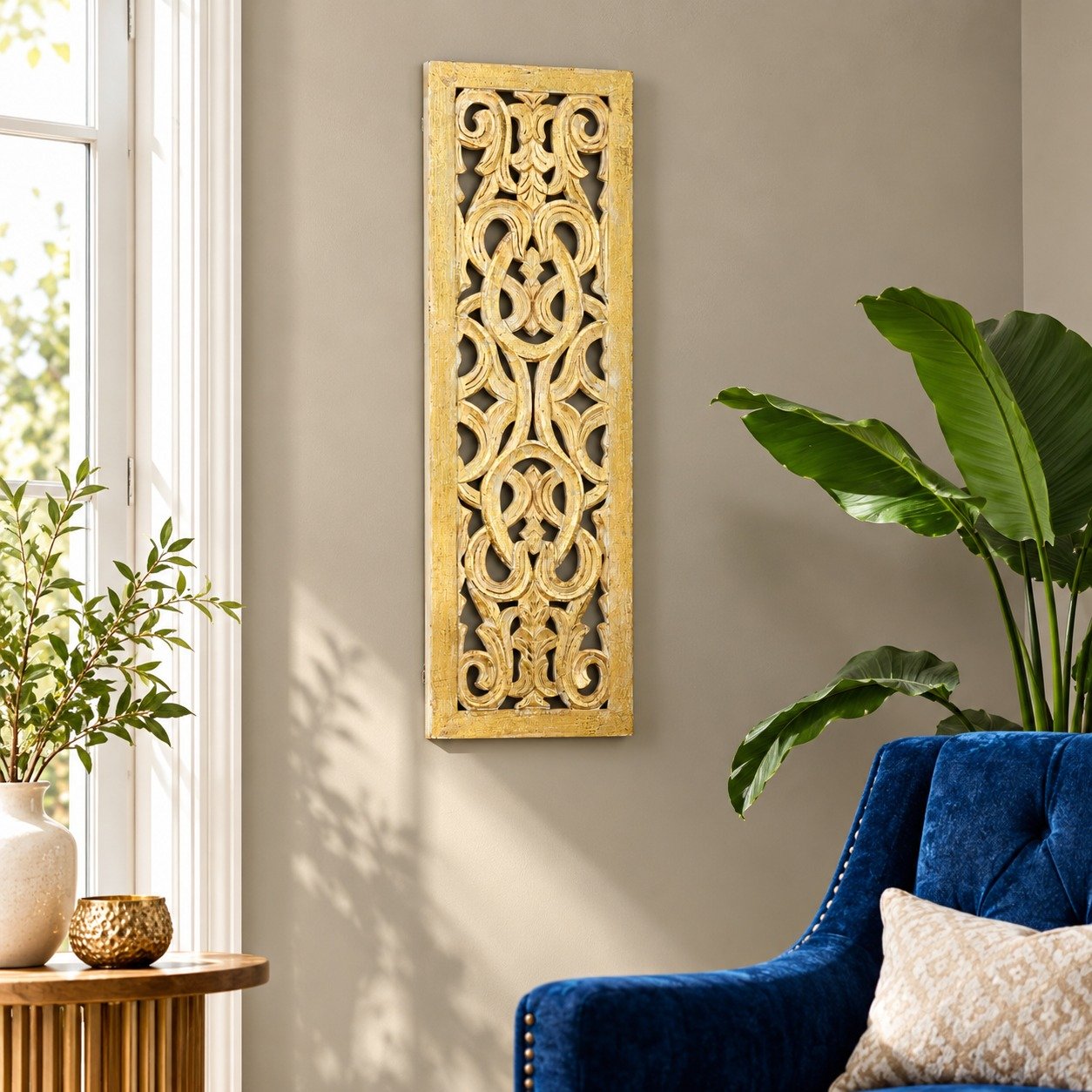 Wooden Handmade Intricately Carved Arabesque Scroll Gold Wall Decor with Cream Backing view 2