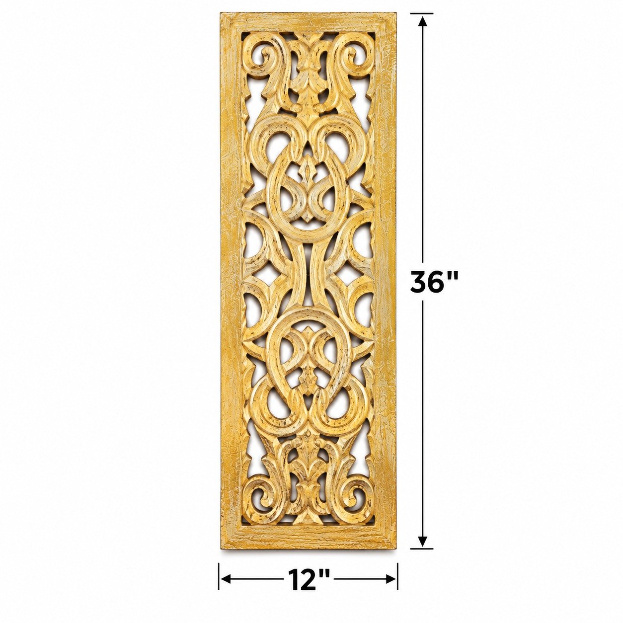 Wooden Handmade Intricately Carved Arabesque Scroll Gold Wall Decor with Cream Backing view 4