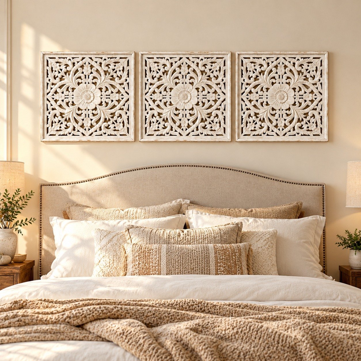 Handcrafted Wooden Wall Art Set of 3 | Floral Carved Decorative Wall Panels | White Finish | Home Wall Décor for Living Room & Bedroom