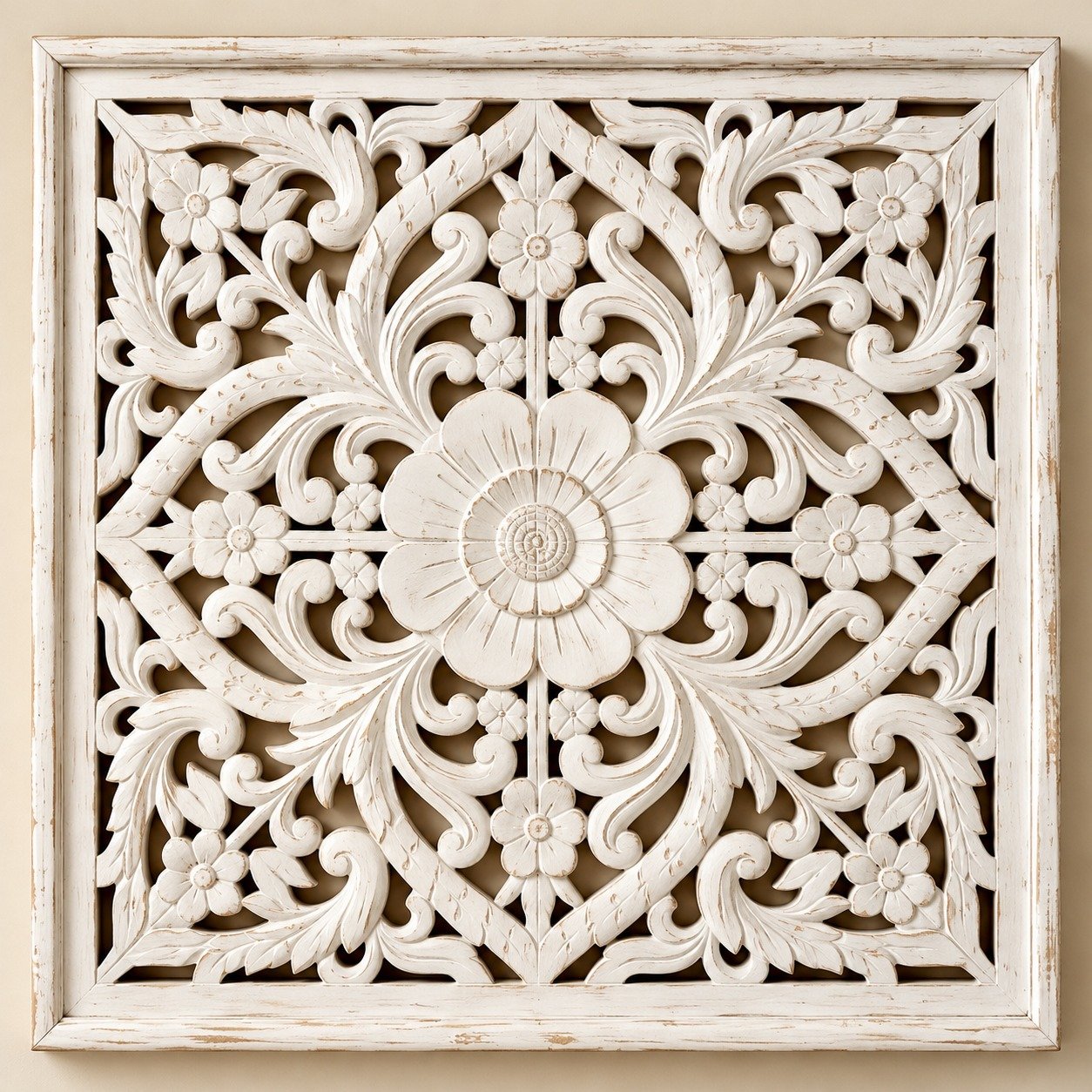 Handcrafted Wooden Wall Art Set of 3 | Floral Carved Decorative Wall Panels | White Finish | Home Wall Décor for Living Room & Bedroom view 2
