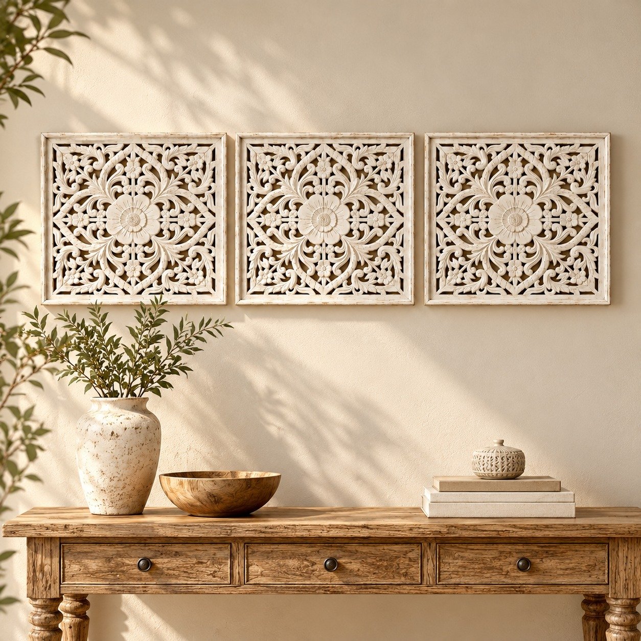 Handcrafted Wooden Wall Art Set of 3 | Floral Carved Decorative Wall Panels | White Finish | Home Wall Décor for Living Room & Bedroom view 4