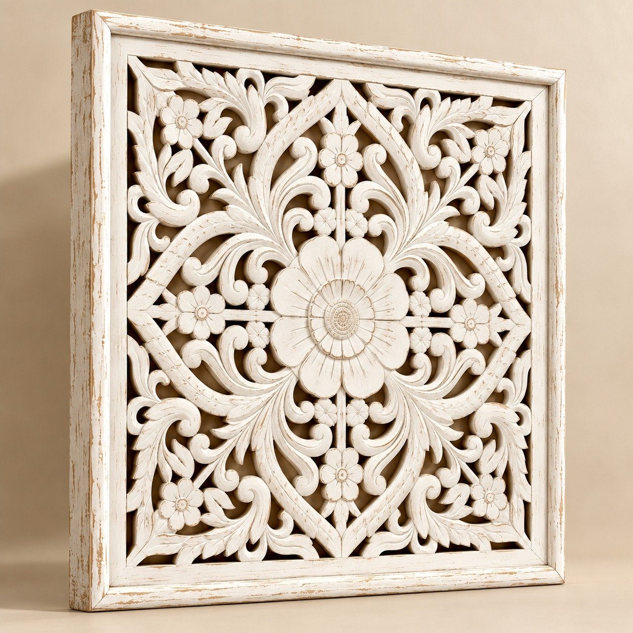 Handcrafted Wooden Wall Art Set of 3 | Floral Carved Decorative Wall Panels | White Finish | Home Wall Décor for Living Room & Bedroom view 5