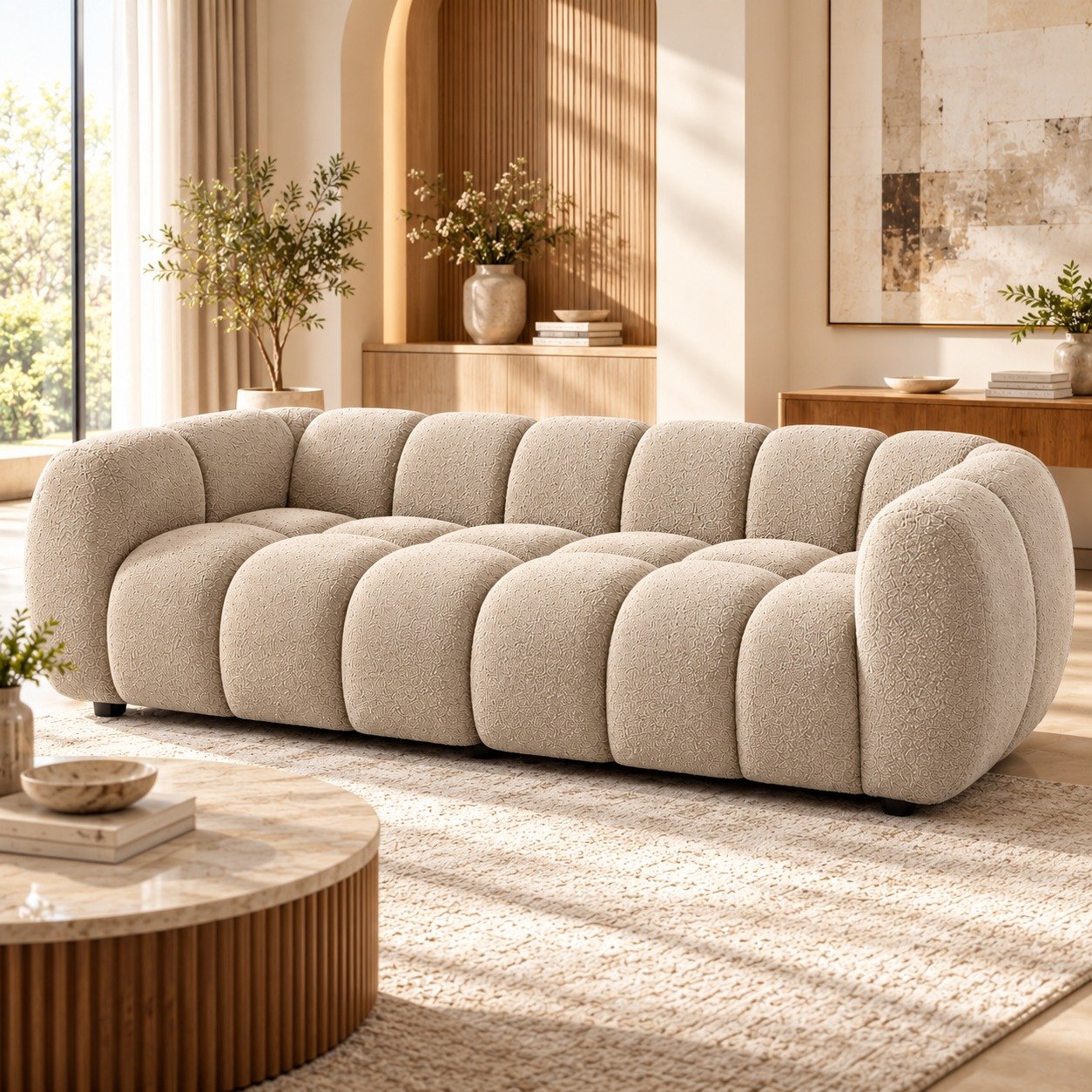 Modern Bouclé Bubble Sofa with Tufted Channel Design | Aesthetic Cloud Couch 3-Seater for Living Room & Studio (Beige / Off-White)