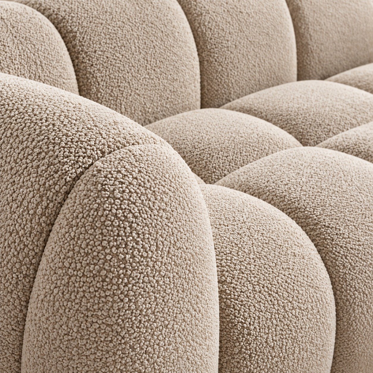 Modern Bouclé Bubble Sofa with Tufted Channel Design | Aesthetic Cloud Couch 3-Seater for Living Room & Studio (Beige / Off-White) view 7