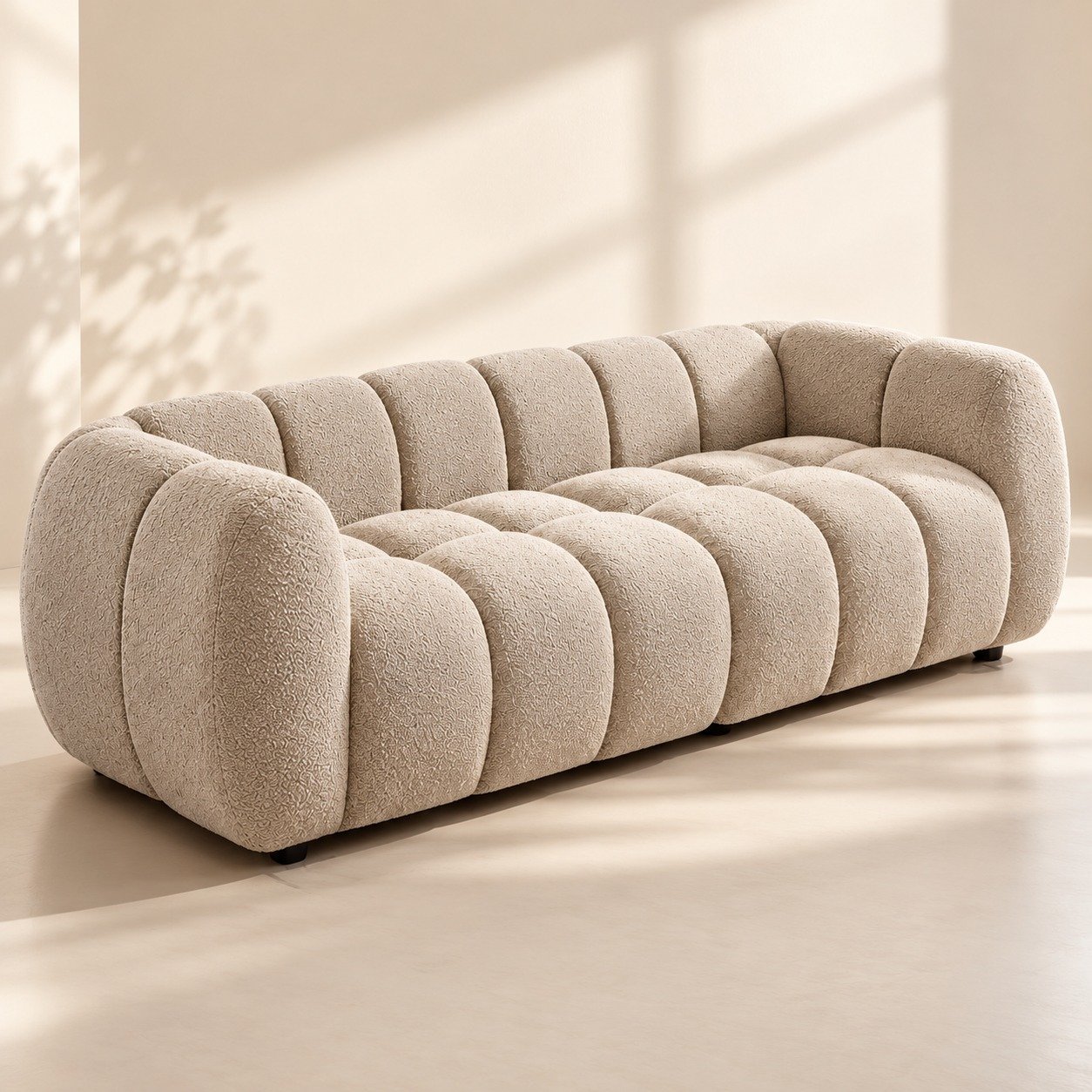 Modern Bouclé Bubble Sofa with Tufted Channel Design | Aesthetic Cloud Couch 3-Seater for Living Room & Studio (Beige / Off-White) view 8