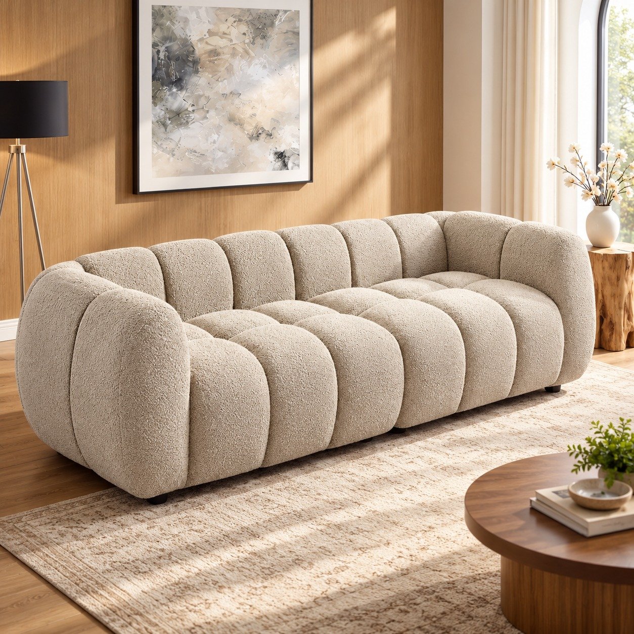 Modern Bouclé Bubble Sofa with Tufted Channel Design | Aesthetic Cloud Couch 3-Seater for Living Room & Studio (Beige / Off-White) view 10